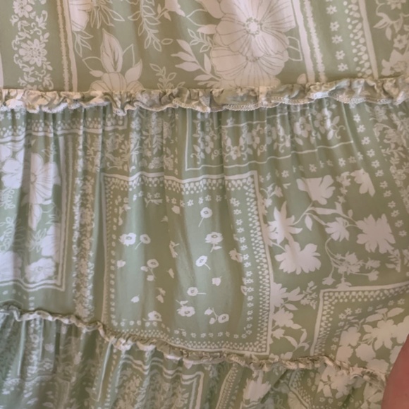 Boho/western, sage green & white floral bandana-like ruffled tiered maxi skirt - Picture 5 of 12